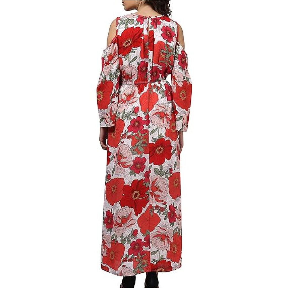Go Coco Large-Scale Floral Print Maxi Dress (1X) Red Pink Green White Leg Slits - Picture 14 of 14